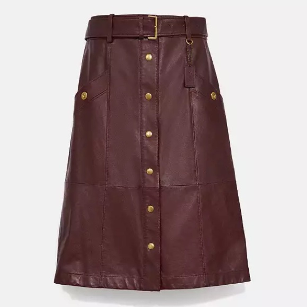 NEW COACH Espresso Lamb Leather Mahogany Snap Front Slit Midi Belt Skirt sz 0